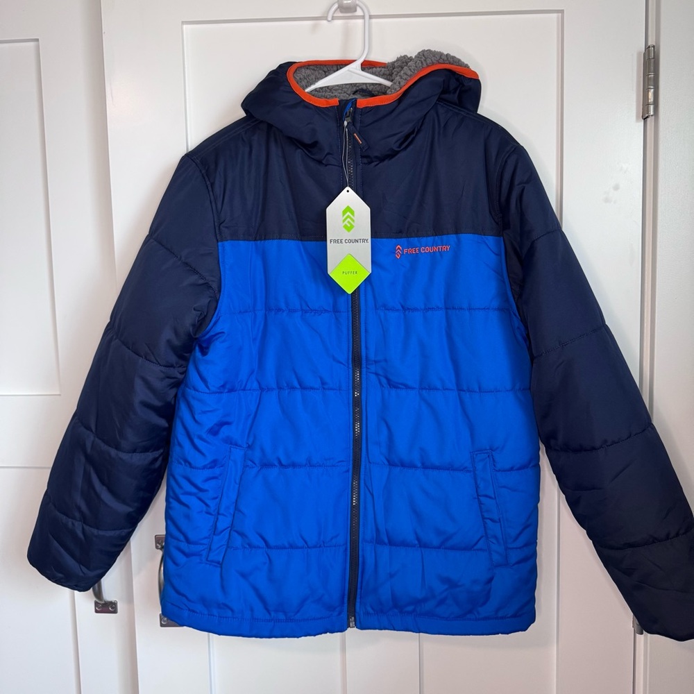 NWT Free‎ Country Kids Puffer Hooded Jacket in Blue & Orange Trim Size XL (18)